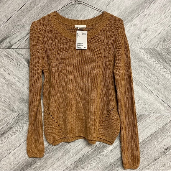 H&M | Tan Crew Neck Open Knit Sweater Small NWT - Picture 3 of 8